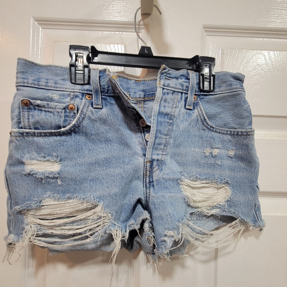 Levis Light Blue Distressed Denim Cutoff Shorts, Size W25